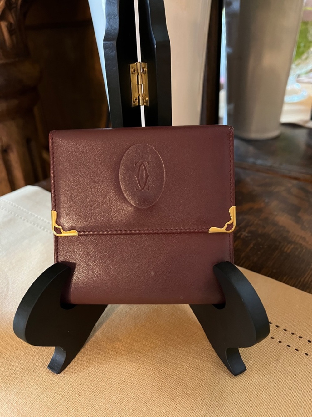 Vintage Cartier Leather Bordeaux Trifold Kiss Lock Wallet